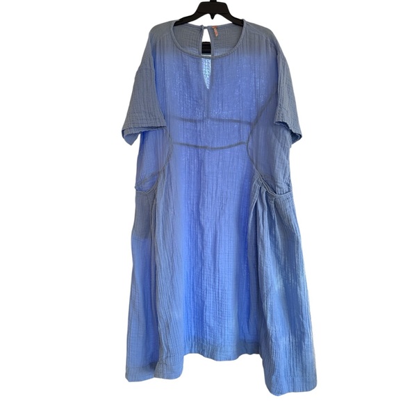 Free People Live Light Dress Baby Blue 100% Cotton Gauze Large Pockets  Coastal